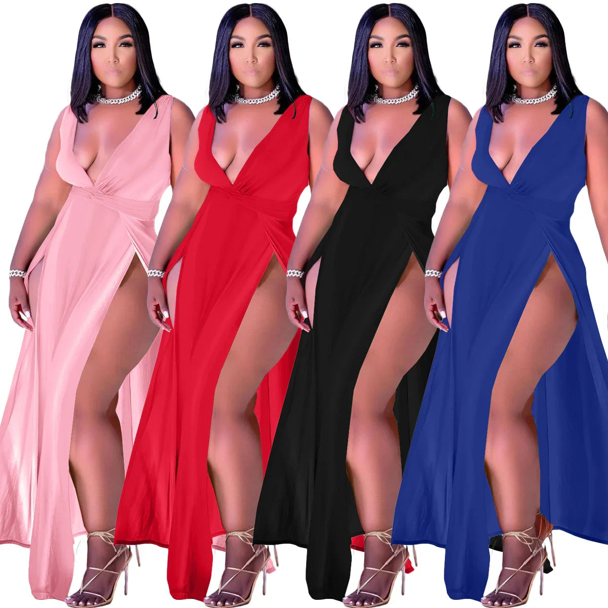Elegant women's sleeveless v-neck dress in various colours and sizes
