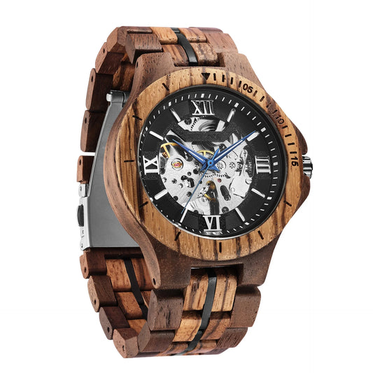 Elegant mechanical watch with wood strap, stainless steel buckle, and pointer display, showcasing British craftsmanship and precision timekeeping.