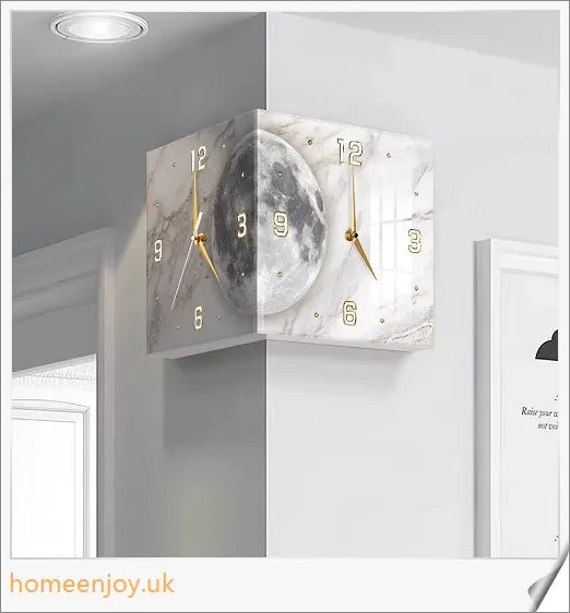 Elegant double-sided corner wall clock with acrylic construction and aluminium hands, providing a modern and minimalist aesthetic for British homes.