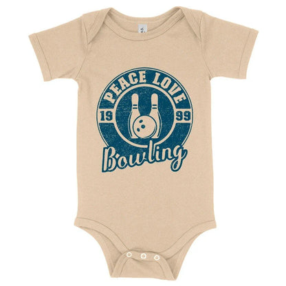 Chic baby onesie with peace and love bowling design, made of soft and flexible Airlume cotton