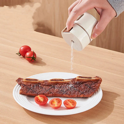 A modern, wall-mounted glass salt dispenser with magnetic suction and precise quantitative control for effortless kitchen organisation.