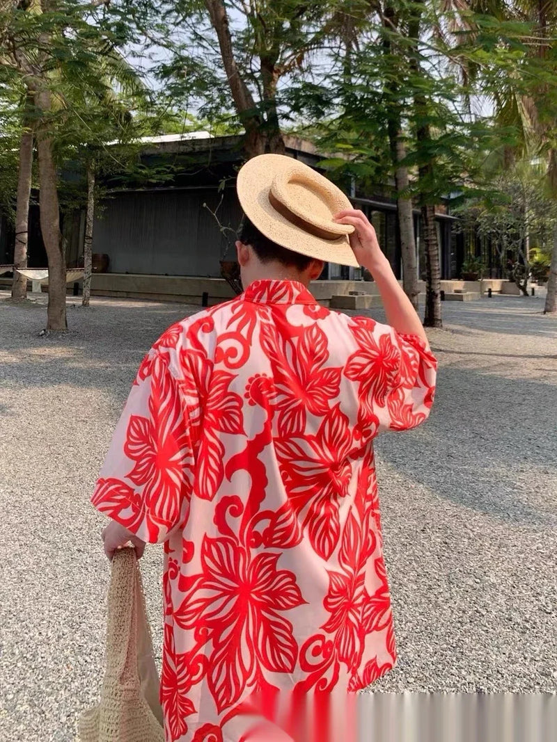 Homeenjoy UK Retro Red Vine Printed Short-Sleeve Shirt for Gentlemen