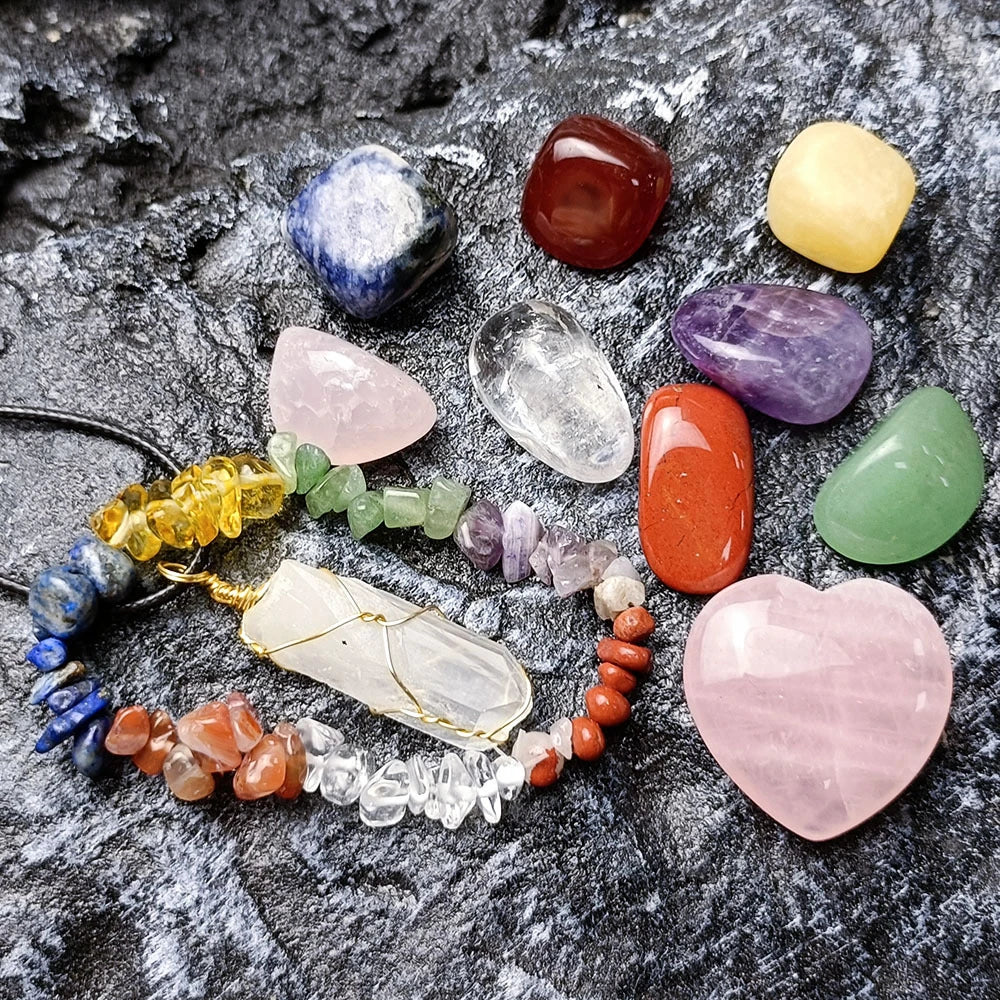 Elegant Crystal Jade Chakra Combination Set with Love Hexagon Pillar, a natural crystal ornament for meditation and spiritual practices