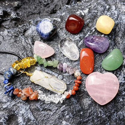 Elegant Crystal Jade Chakra Combination Set with Love Hexagon Pillar, a natural crystal ornament for meditation and spiritual practices
