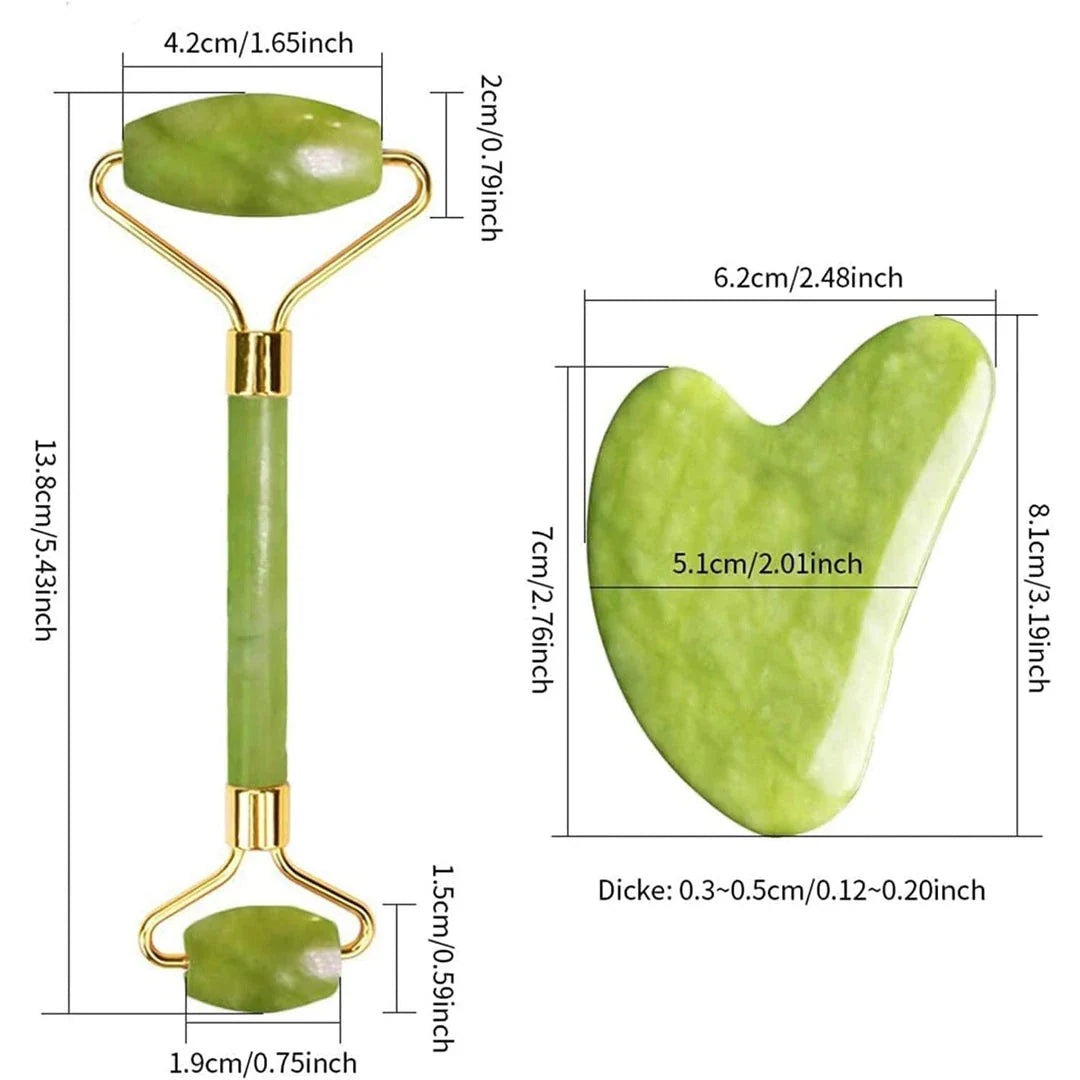 Double-Headed Jade Roller and Guasha Massage Set for Face and Body - Natural Stone Massager