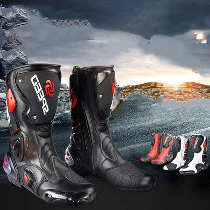 Durable all-weather motorcycle boots with microfiber leather, carbon fibre reinforcements, and shock-absorbing sole for versatile protection and style