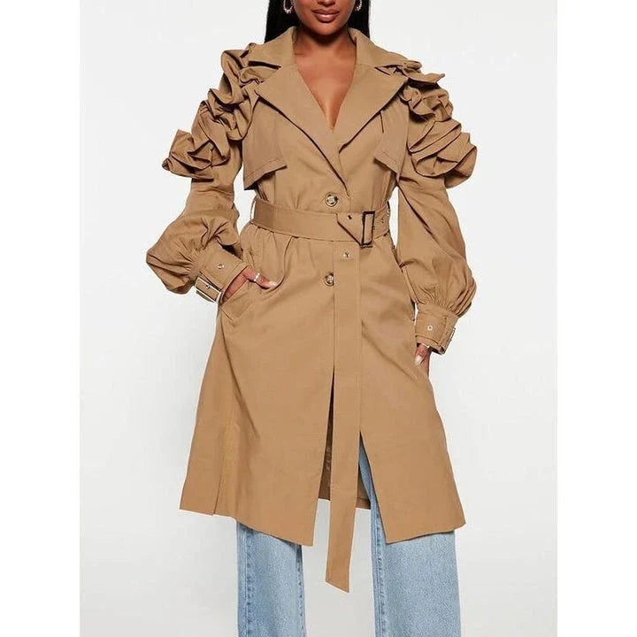 Elegant spliced ruffle trench coat for women in khaki colour, featuring premium cotton-polyester blend, stylish ruffles, and flattering wide-waisted fit