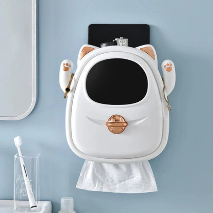 A white, cat-themed tissue box and bathroom organiser with storage compartments