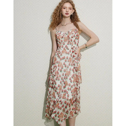 Elegant French-inspired midi dress with floral print, V-neck, and spaghetti straps