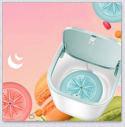 Compact and portable mini washing machine with powerful 18W motor, energy-efficient design, and ultrasonic sterilization for deep cleaning in small spaces