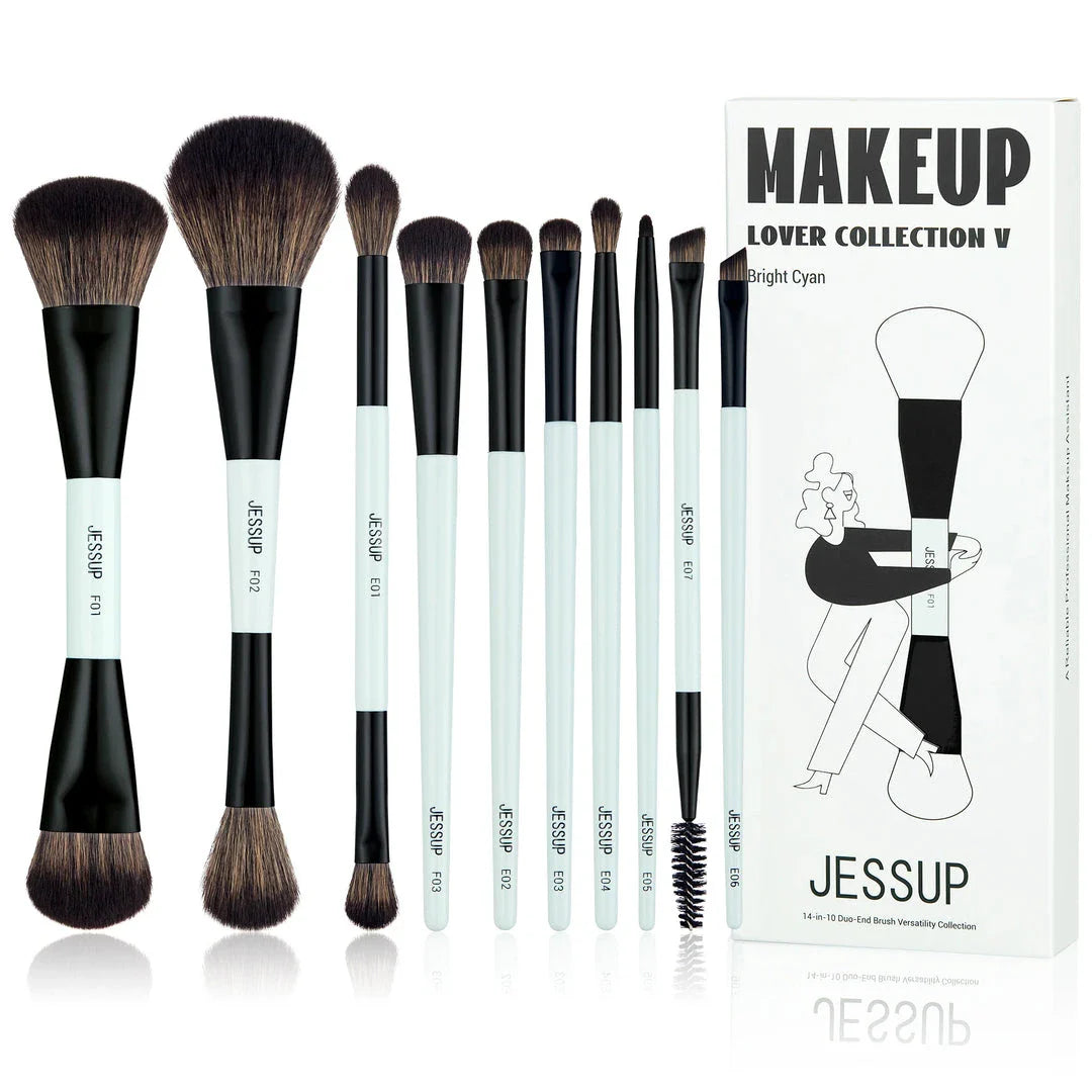 A set of 6 dual-ended makeup brushes in bright cyan and matte black, designed for seamless foundation, contour, blush, eyeshadow, and brow application.