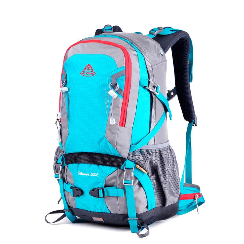 Durable outdoor climbing backpack with integrated raincover, featuring waterproof nylon construction, adjustable straps, and multiple storage compartments.