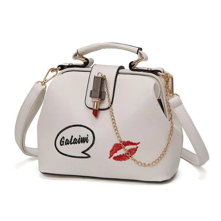 A stylish doctor's bag with a charming lipstick embroidery design, crafted from high-quality PU leather for the UK market.
