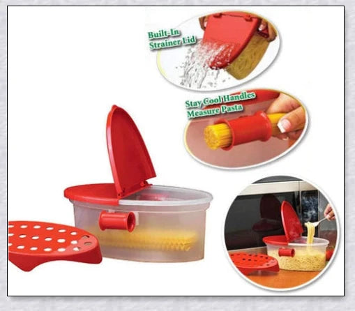 Versatile microwave pasta cooker with convenient handles and precise water-filling lines for quick and easy pasta preparation