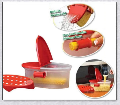 Versatile microwave pasta cooker with convenient handles and precise water-filling lines for quick and easy pasta preparation