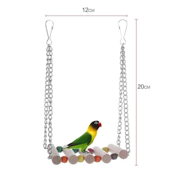 Premium eco-friendly parrot toy with wooden pieces and soothing jingle bells, perfect for sustainable playtime