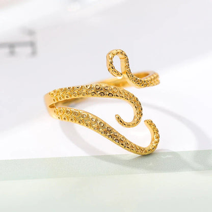 Elegant adjustable wrap ring with a detailed octopus tentacle design, made from durable stainless steel.