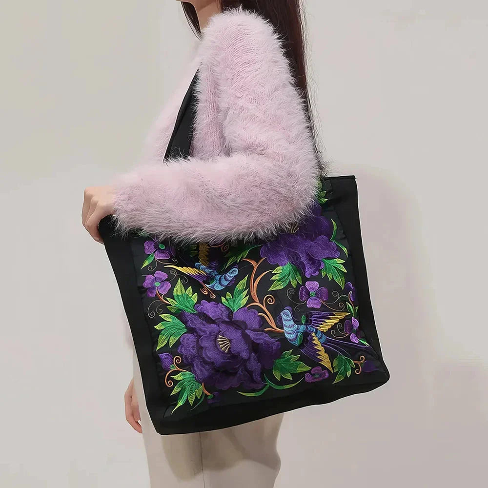 Elegant British Phoenix Embroidered Canvas Shoulder Bag for Women - Timeless Elegance and Cultural Heritage