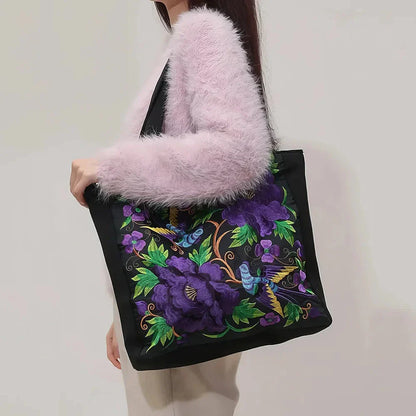 Elegant British Phoenix Embroidered Canvas Shoulder Bag for Women - Timeless Elegance and Cultural Heritage