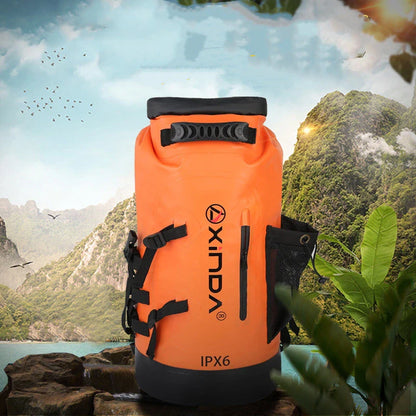 Premium weatherproof backpack with spacious main compartment, customisable pockets, and breathable mesh back panel for outdoor adventures.