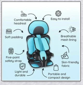 Adjustable infant car seat cushion with 5-point harness, plush padding, and foldable design for safe and comfortable travel with children