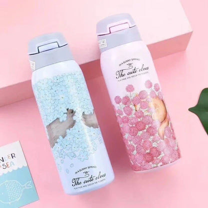 Elegant floral-patterned double-wall insulated water bottle with straw, perfect for keeping drinks chilled or warm for up to 12 hours