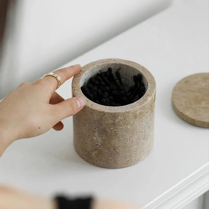 Elegant beige travertine stone storage container with Scandinavian-inspired design, suitable for kitchen, bathroom, and bedroom