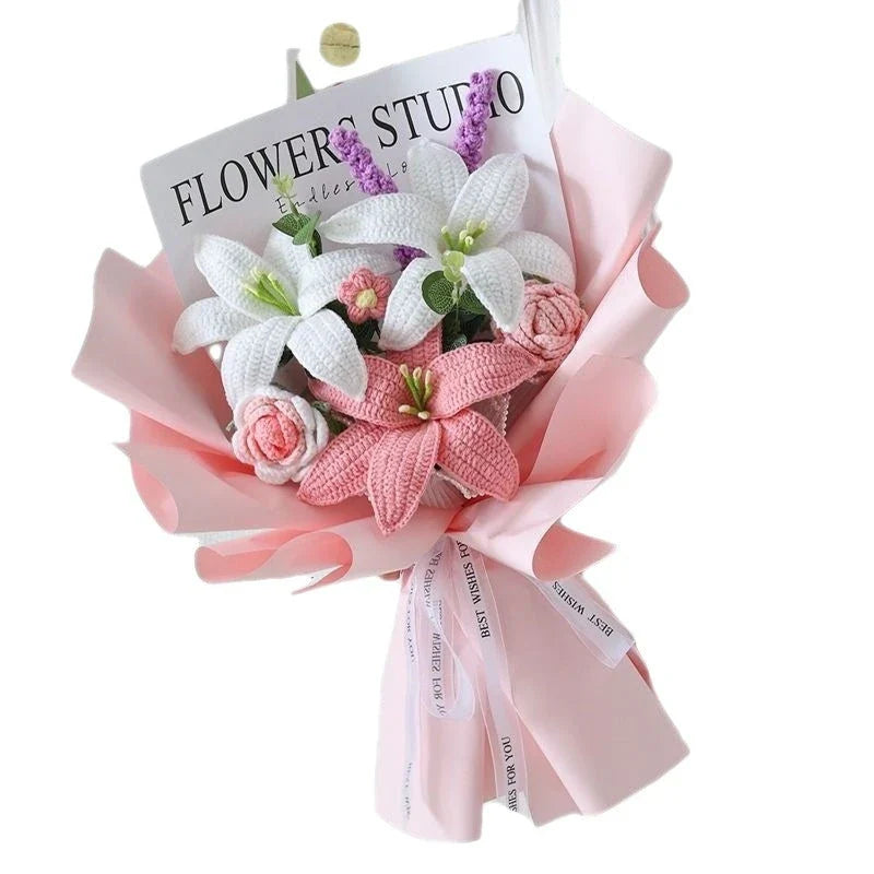 Handcrafted bridal bouquet in a delicate pink hue, featuring intricate crochet and hand-woven design