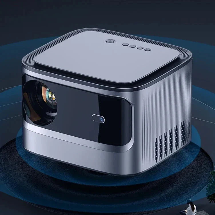 A 4K projector with automatic focus, 900 ANSI lumens of brightness, and wireless connectivity for a cinematic home entertainment experience.