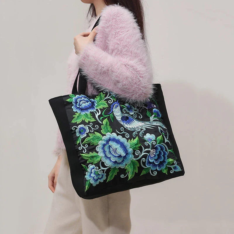 Elegant British Phoenix Embroidered Canvas Shoulder Bag for Women - Timeless Elegance and Cultural Heritage