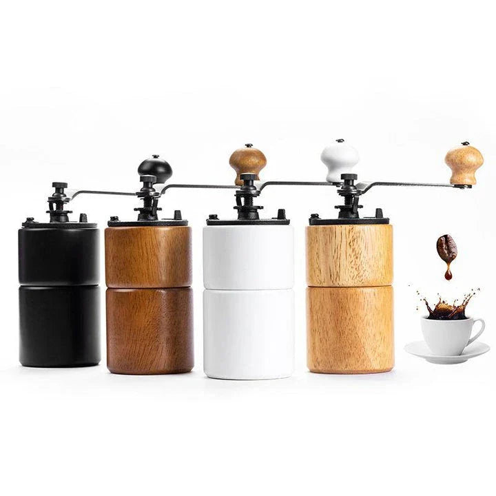 Elegant wooden manual coffee grinder with steel conical burr for consistent, flawless grinding