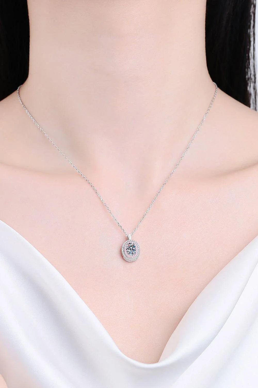 Elegant 1 Carat Moissanite Pendant Necklace in Rhodium-Plated 925 Sterling Silver with Geometric Design and Shimmering Zircon Accents