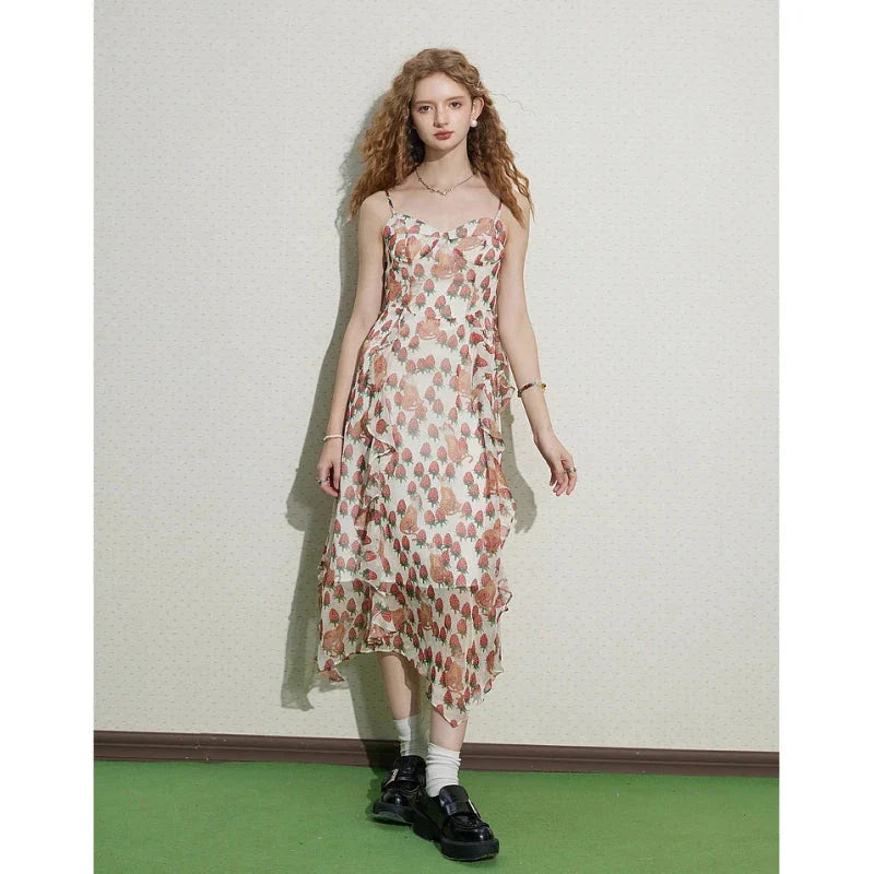 Elegant French-inspired midi dress with floral print, V-neck, and spaghetti straps