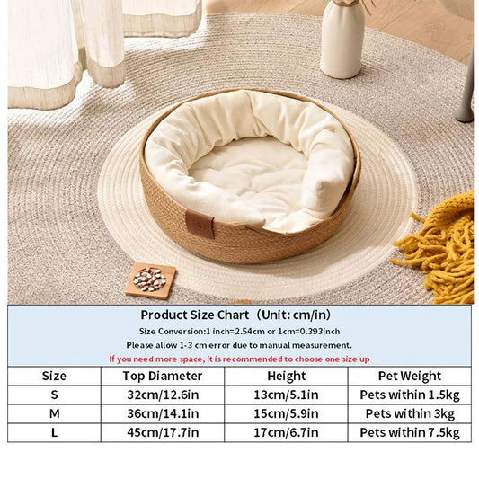 Handmade bamboo pet bed with removable cushion, designed for cosy relaxation of cats and small dogs