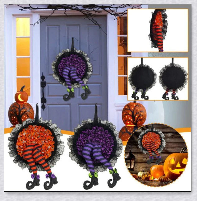 Halloween Witch Wreath with Intricate Lace, Striped Legs, and Glitter Boots for Spooktacular Seasonal Decor