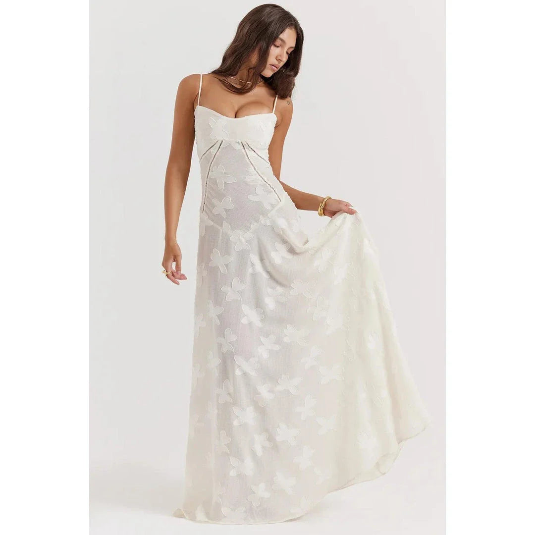Elegant beige midi corset dress with floral jacquard pattern and lace-up back design