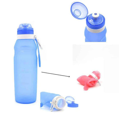 Collapsible silicone water bottle in blue colour, featuring a large 600 ml capacity and a compact, foldable design for easy storage and transport.