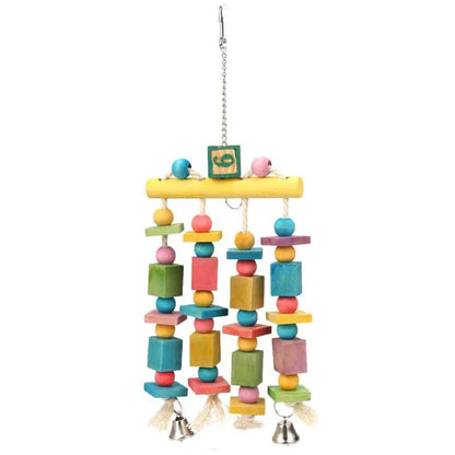 Premium eco-friendly parrot toy with wooden pieces and soothing jingle bells, perfect for sustainable playtime