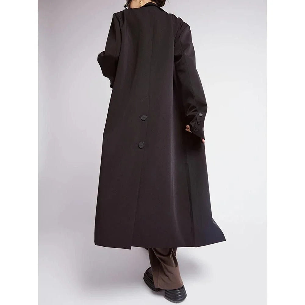 Elegant double-breasted coffee trench coat for women, featuring a wide-waisted design, turn-down collar, and full-length sleeves for a flattering and functional look.