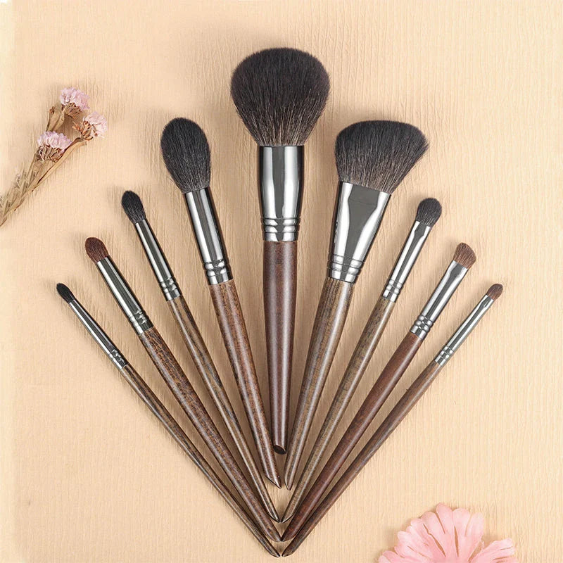 9-piece premium makeup brush set with soft goat hair bristles and natural wood handles for flawless, long-lasting makeup application