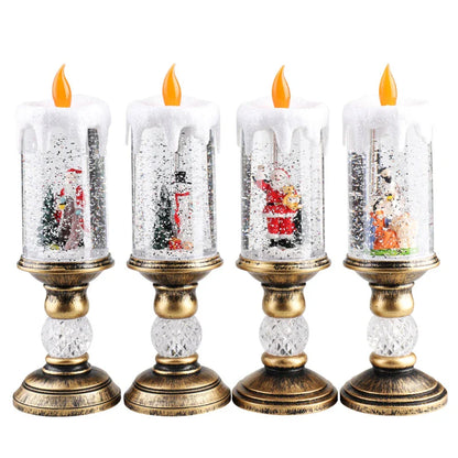 Charming Christmas candle scene layout with festive old man figure, panda pillow, and snowman candle