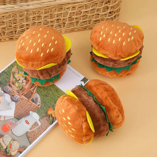 Soft, durable plush squeaky toy in adorable burger design for dogs and cats