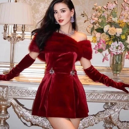 Elegant off-the-shoulder red mini dress with plush short skirt, luxurious polyester fabric, and versatile formal-to-casual design
