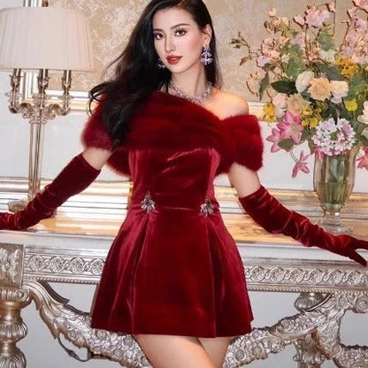 Elegant off-the-shoulder red mini dress with plush short skirt, luxurious polyester fabric, and versatile formal-to-casual design