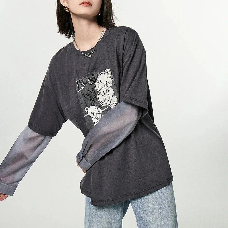 Cosy autumn-inspired long sleeve cotton top with charming bear print and embroidered details