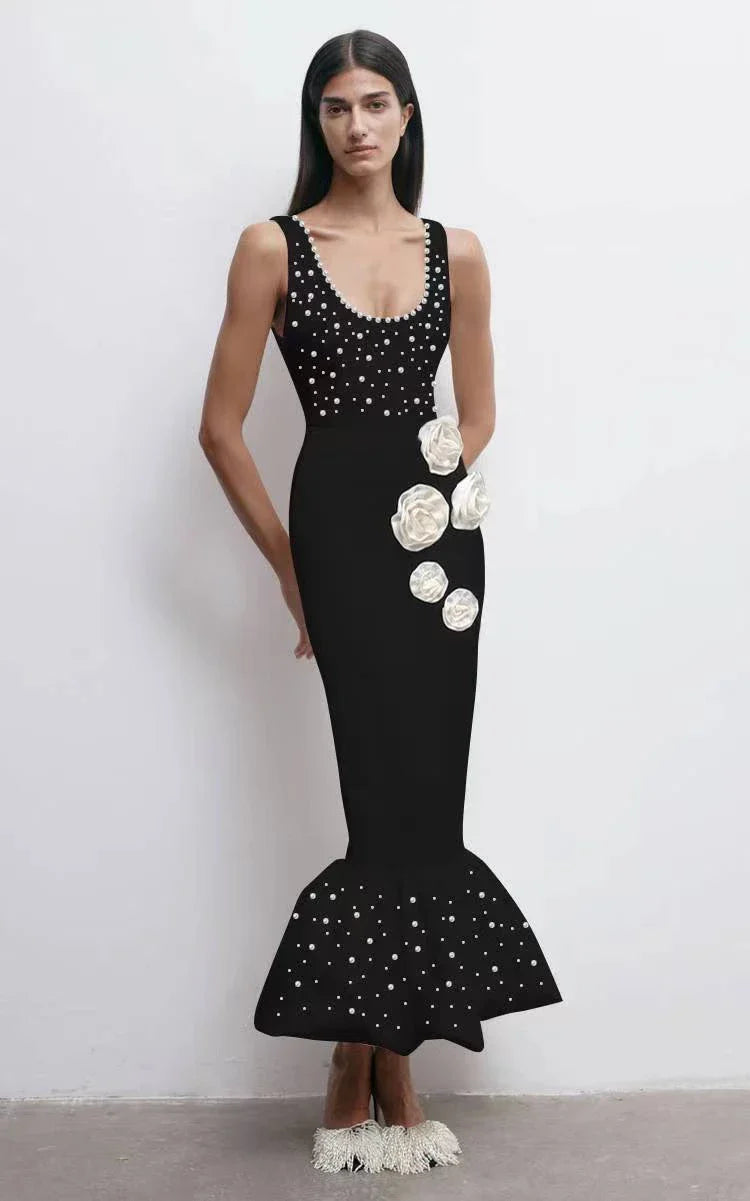 Elegant slim-fit beaded floral dress in black colour