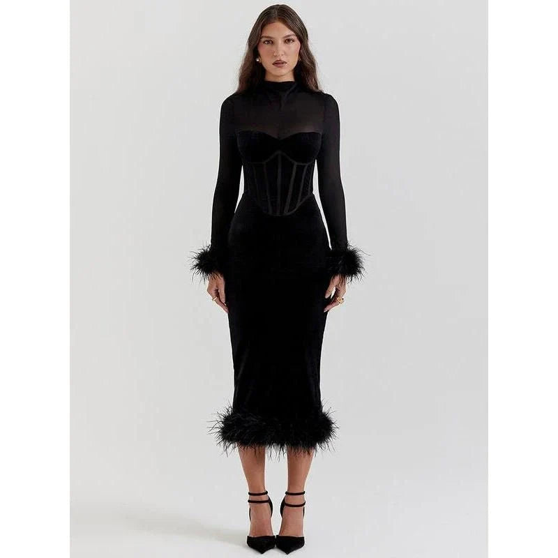 Elegant feather-trimmed backless bodycon midi dress in a shimmering black colour