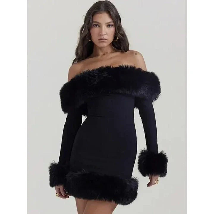 Elegant off-shoulder mini dress with fur trim, perfect for upscale autumn and winter parties