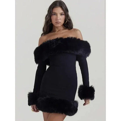 Elegant off-shoulder mini dress with fur trim, perfect for upscale autumn and winter parties