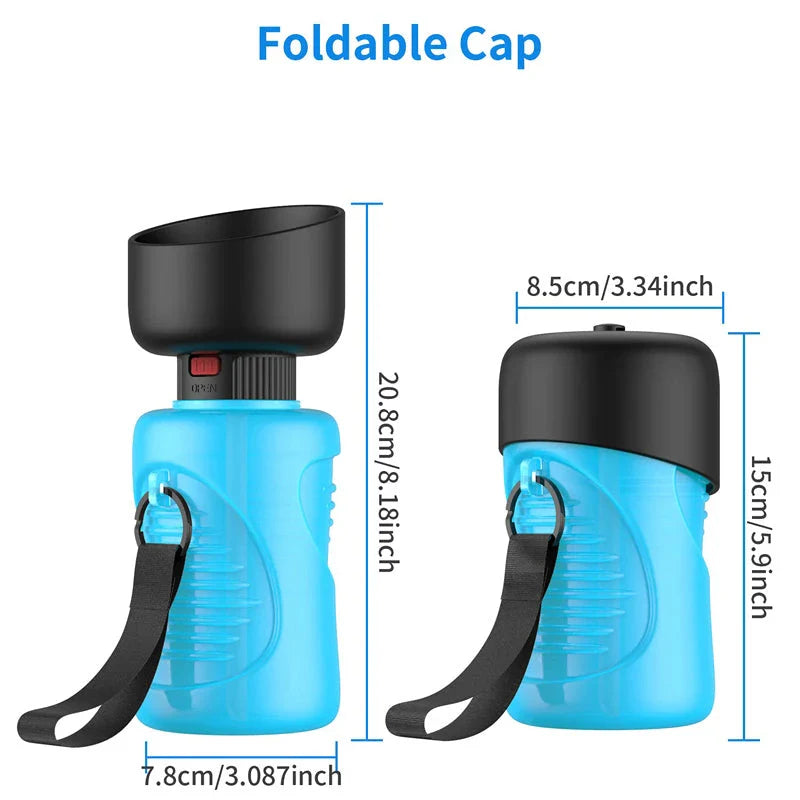 Portable dog water bottle with foldable drinking cup, made of durable, BPA-free plastic for convenient on-the-go hydration